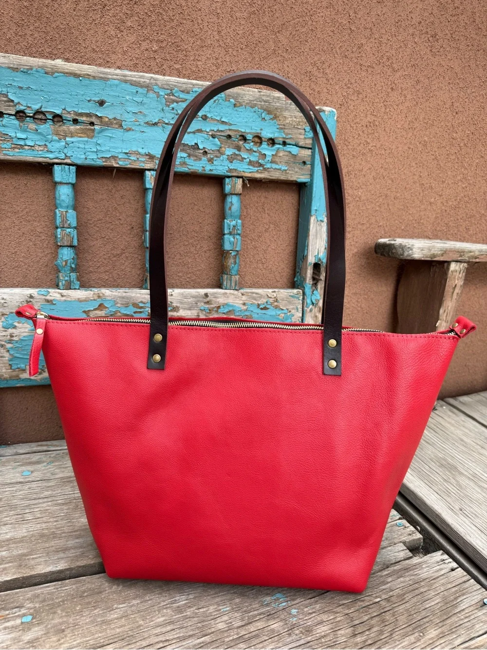Poppy Red Leather Tote Bag with Dark Brown Handles
